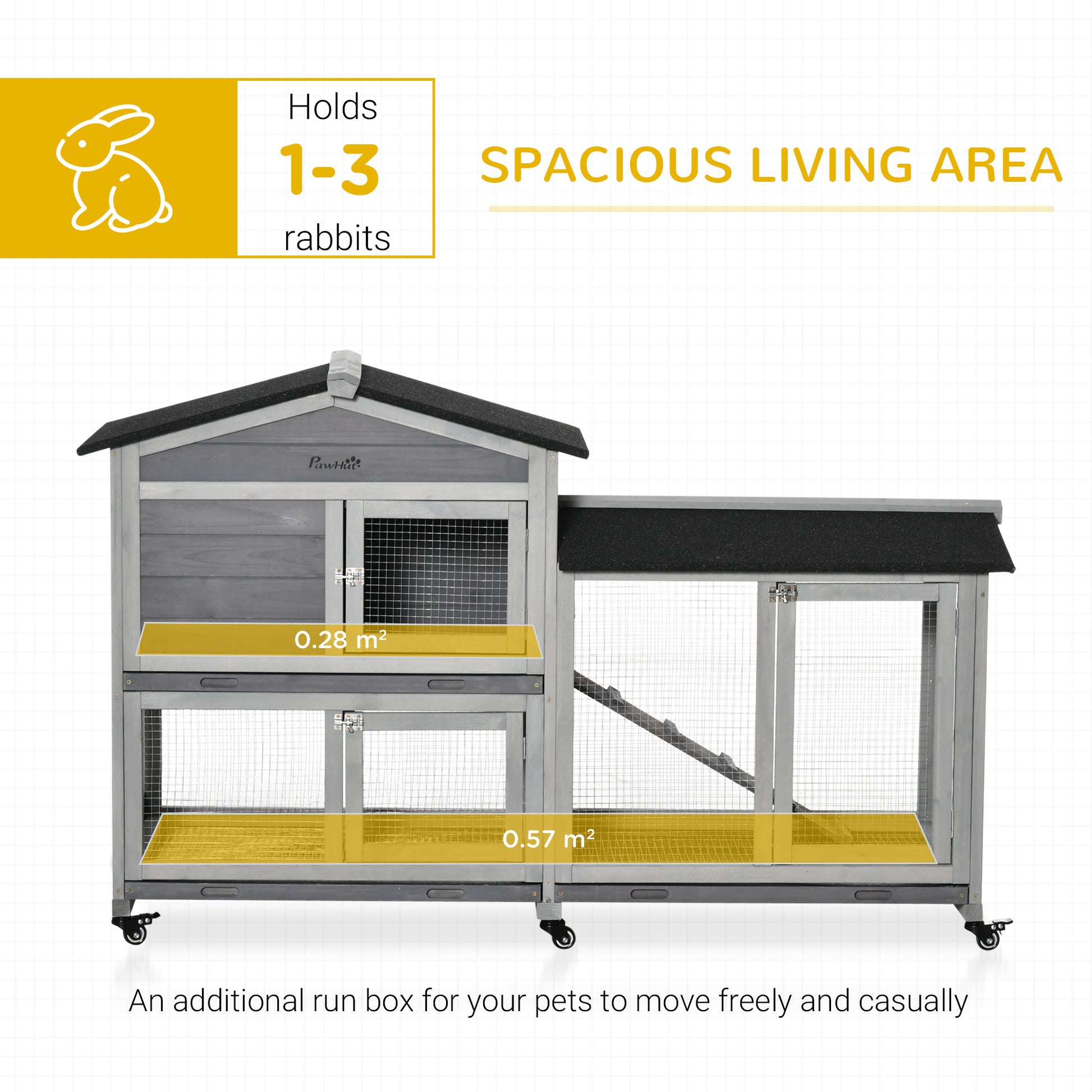 62" Wooden Rabbit Hutch with Wheels, Run Box, Tray, Ramp for Small Animals, Guinea Pig, Indoor Outdoor Use, Light Grey