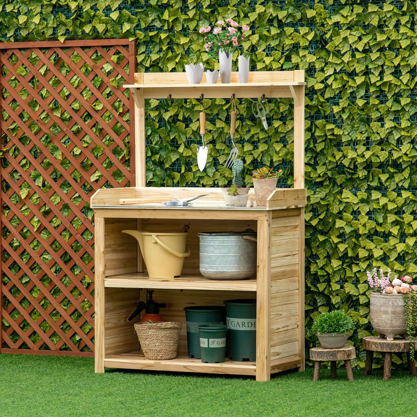 Potting Bench Table, Wooden Garden Workstation Bench with Galvanized Metal Tabletop, Storage Shelves and Hooks for Patios, Courtyards, Balcony