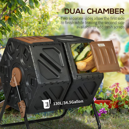 Rotating Composter, Dual Chamber Compost Bin with 24 Vents and Steel Legs, 34.5 Gallon, Brown