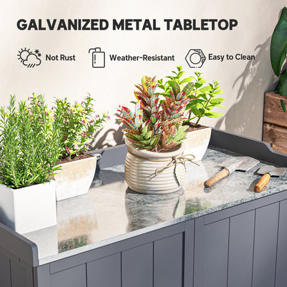Garden Storage Cabinet, Outdoor Potting Bench Table with Galvanized Top and Shelf, Tool Shed with Double Doors, Grey