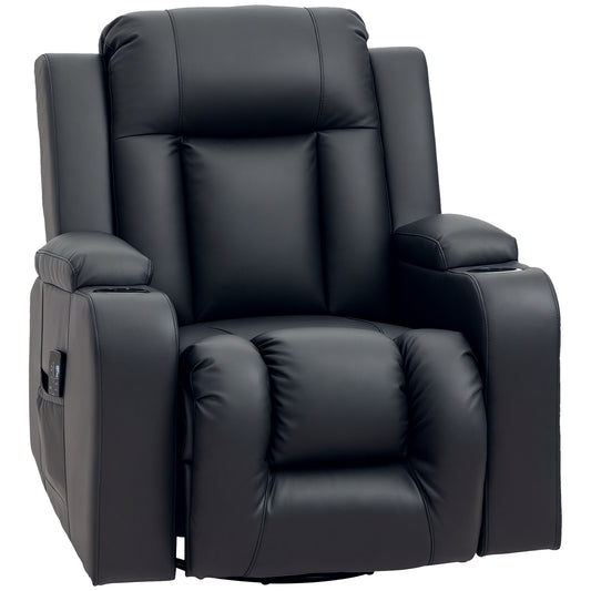 Swivel Massage Recliner Chair Rocker, Overstuffed Manual Reclining Sofa, PU Leather Rocking Chair with Side Pockets, Cup Holders, for Living Room, Nursery, Black