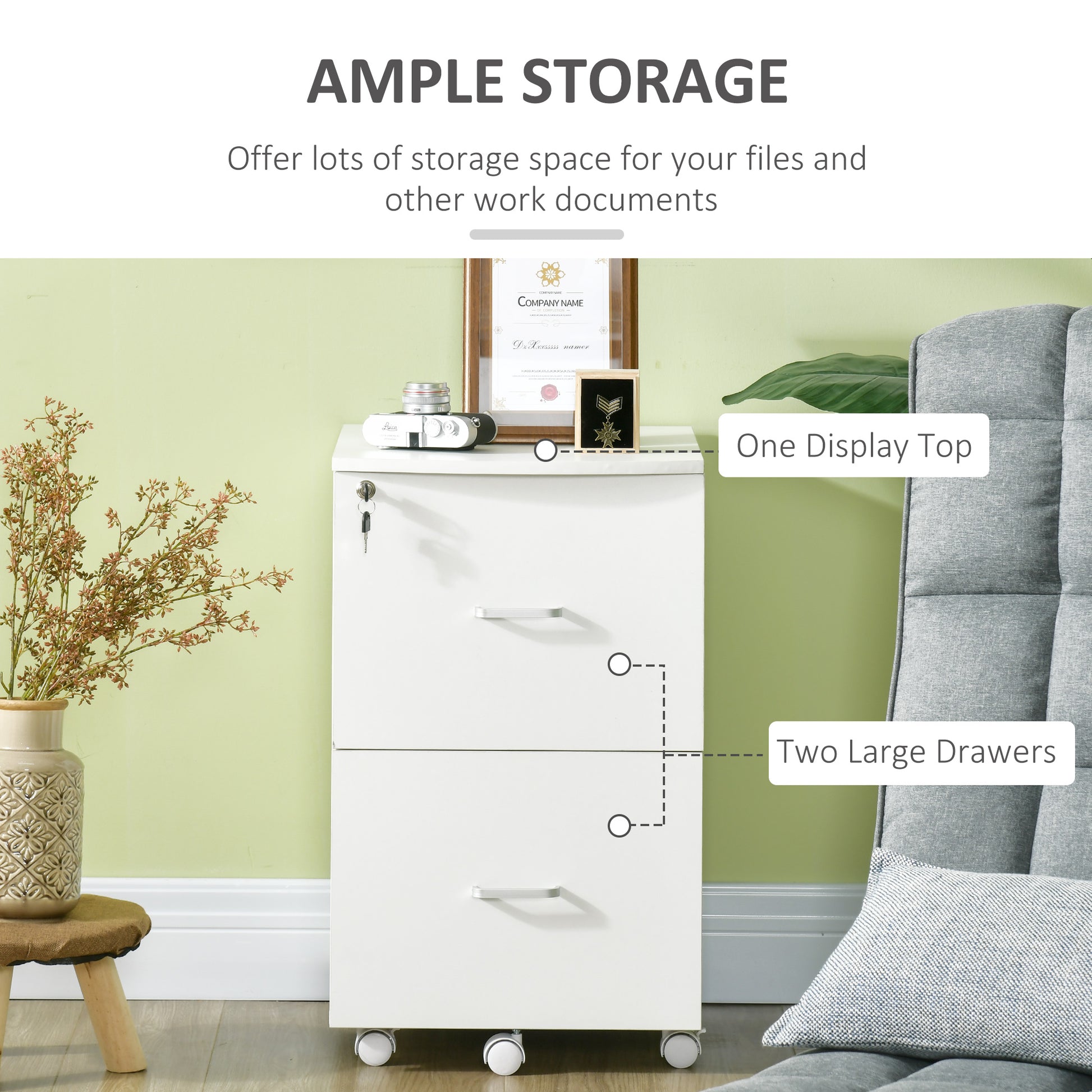 2 Drawer File Cabinet with Lock, Small Rolling Filing Cabinet for A4, Letter-Size Documents, Printer Stand for Home Office, 17" x 17.75" x 28.25", White