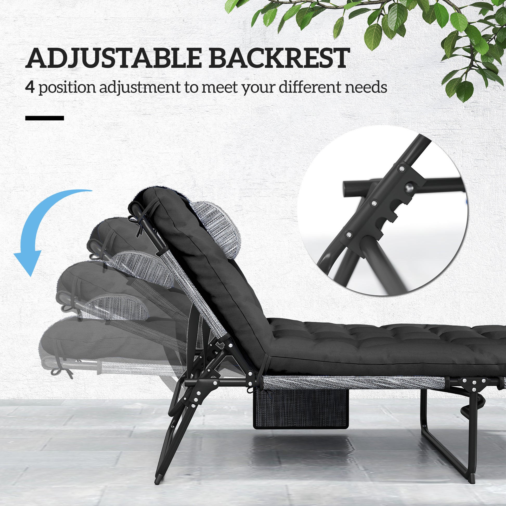 Folding Lounge Chair with 4-level Reclining Back & Cushion, Black