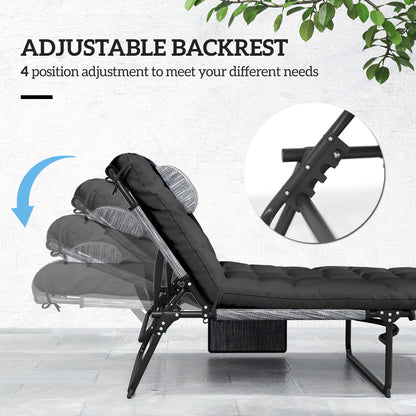 Folding Lounge Chair with 4-level Reclining Back & Cushion, Black