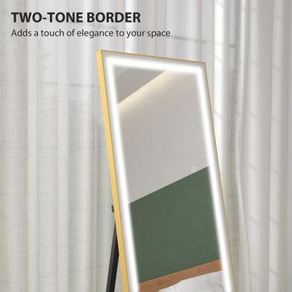 LED Mirror with Dimmable and 3 Colour Lights, 64" x 21" Rectangular Floor Mirror for Bedroom Living Room, Gold