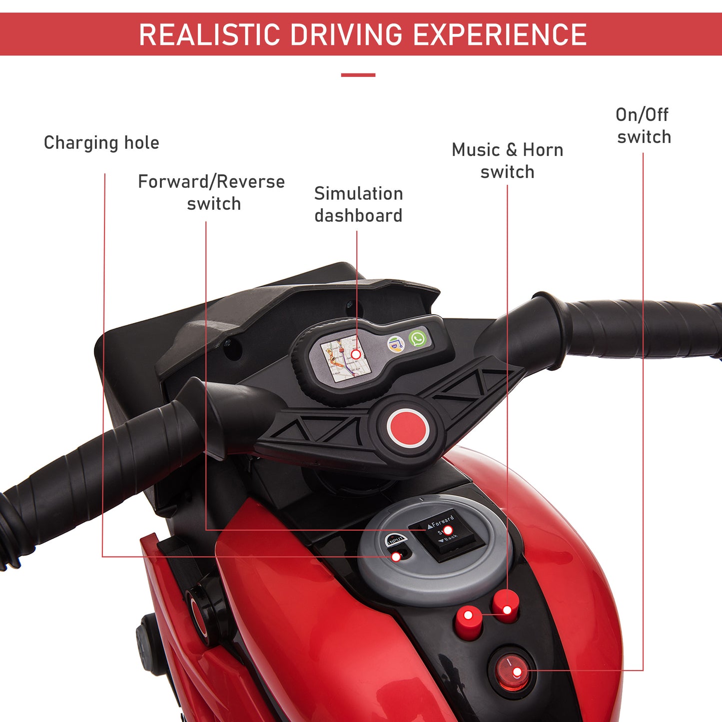 Aosom Kids Electric Pedal Motorcycle Ride-On Toy 6V Battery Powered w/ Music Horn Headlights Motorbike for Girls Boy Red
