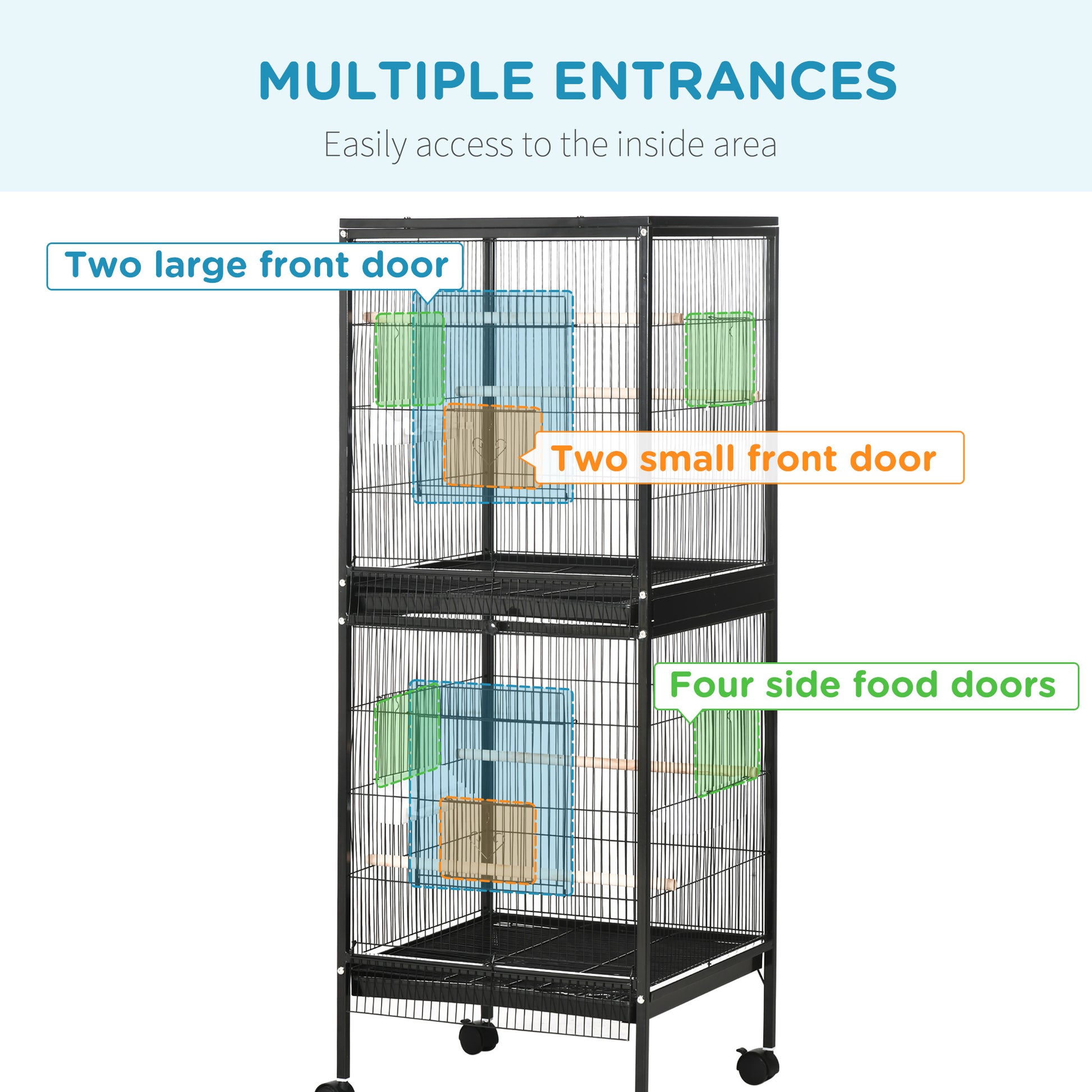 55.1" 2 In 1 Bird Cage Aviary Parakeet House for finches, budgies with Wheels, Slide-out Trays, Wood Perch, Food Containers, Black
