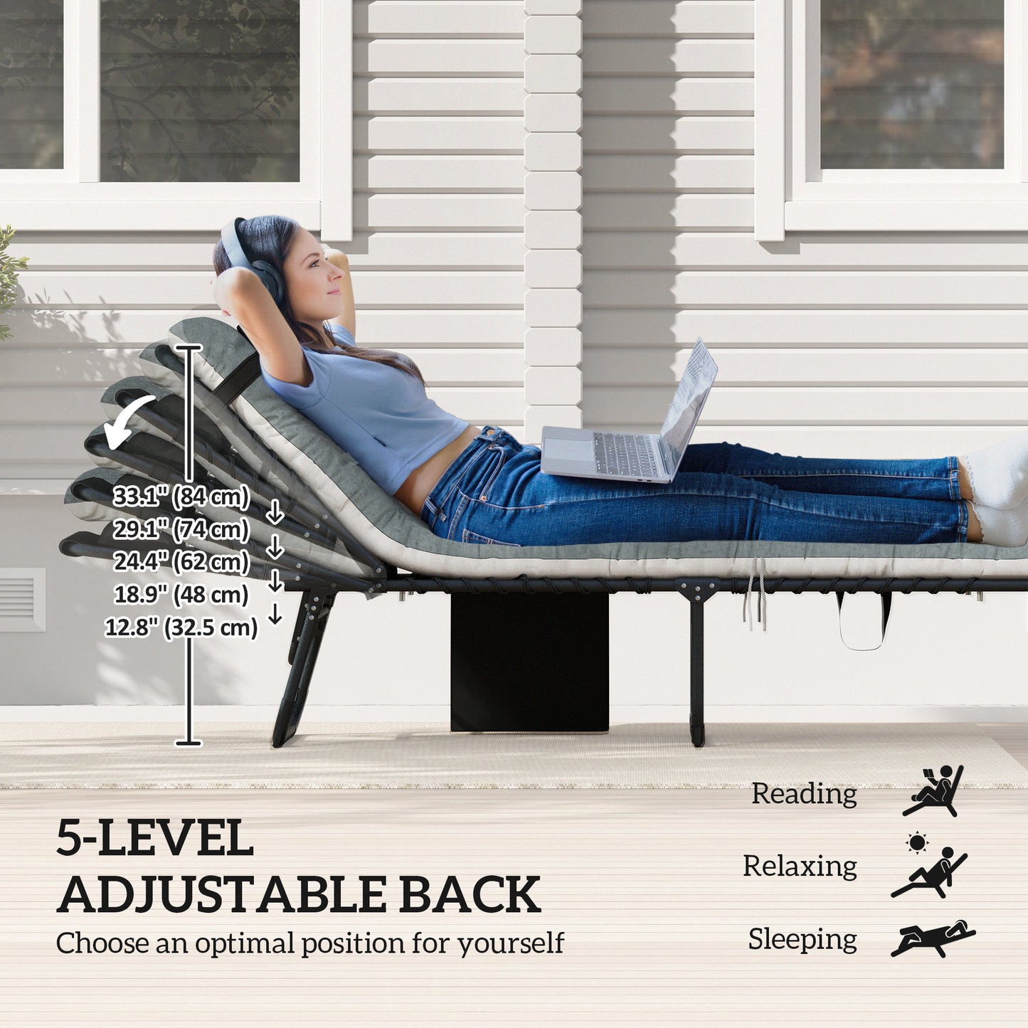 Outdoor Lounge Chair Set of 2, Folding Chaise Lounge Tanning Chair with Cushion, Side Pocket, Black/Grey
