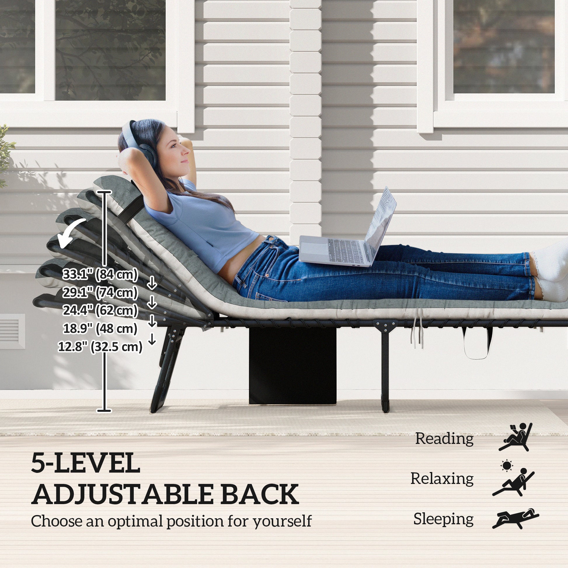 Outdoor Lounge Chair Set of 2, Folding Chaise Lounge Tanning Chair with Cushion, Side Pocket, Black/Grey