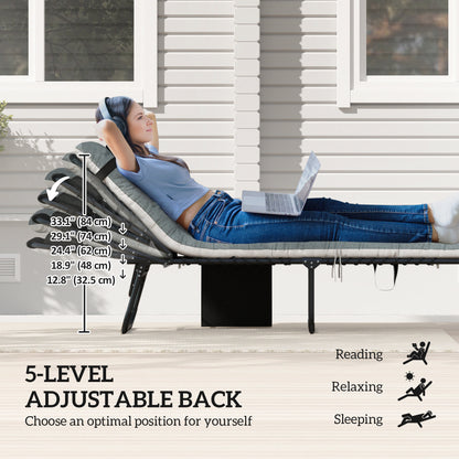 Outdoor Lounge Chair Set of 2, Folding Chaise Lounge Tanning Chair with Cushion, Side Pocket, Black/Grey