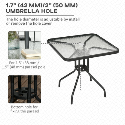 Square Patio Dining Table with Umbrella Hole Tempered Glass Top Outdoor Dining Table for Garden Balcony Black