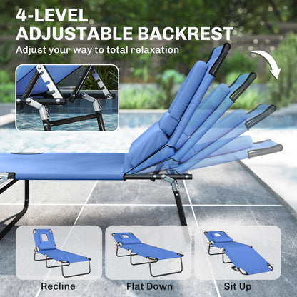Folding Chaise Lounge Chair, Reclining Beach Tanning Chair with Face Hole, Pillow, 4-Position Adjustable Lay Flat Sun Lounger, Steel Frame for Outdoor Patio Pool, Blue
