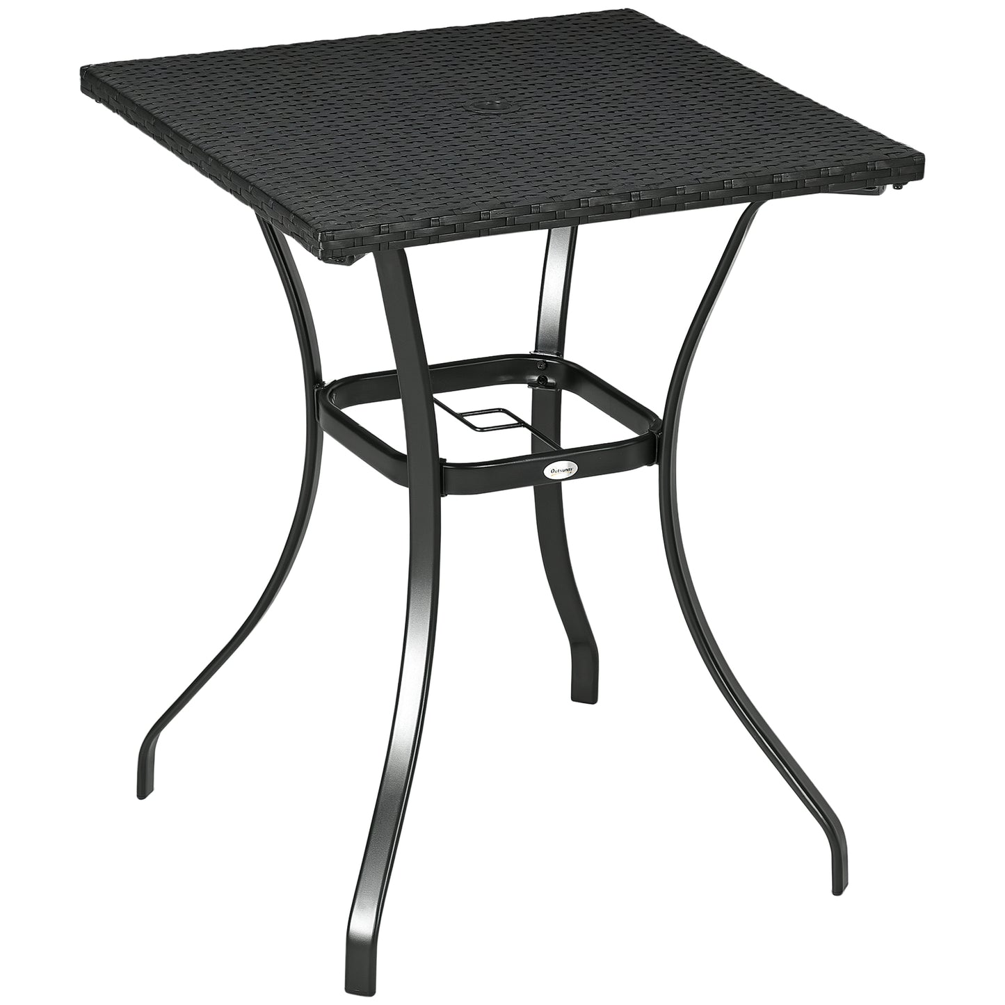 Patio Wicker Dining Table with Umbrella Hole, 34 Inch Outdoor PE Rattan Coffee Table with Plastic Board Under the Woven Table Top for Patio, Garden, Balcony, Black