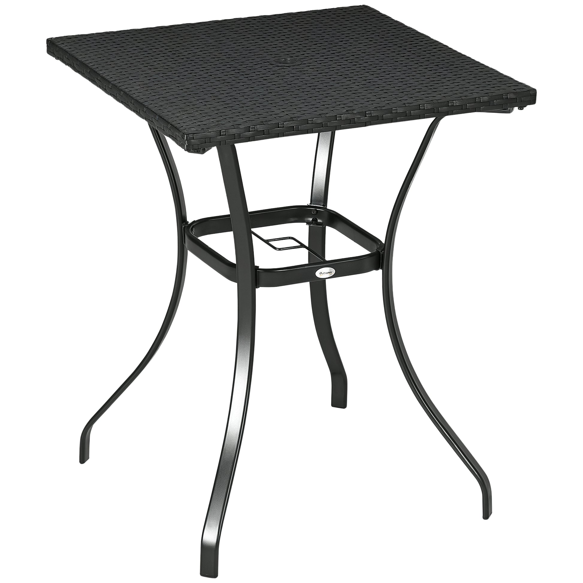 Patio Wicker Dining Table with Umbrella Hole, 34 Inch Outdoor PE Rattan Coffee Table with Plastic Board Under the Woven Table Top for Patio, Garden, Balcony, Black