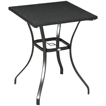 Patio Wicker Dining Table with Umbrella Hole, 34 Inch Outdoor PE Rattan Coffee Table with Plastic Board Under the Woven Table Top for Patio, Garden, Balcony, Black