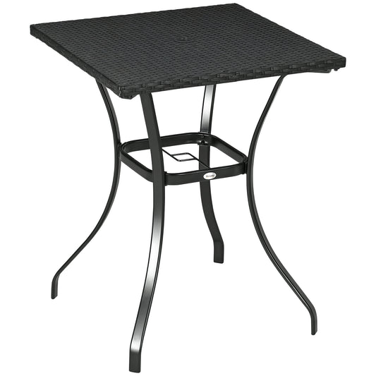 Patio Wicker Dining Table with Umbrella Hole, 34 Inch Outdoor PE Rattan Coffee Table with Plastic Board Under the Woven Table Top for Patio, Garden, Balcony, Black