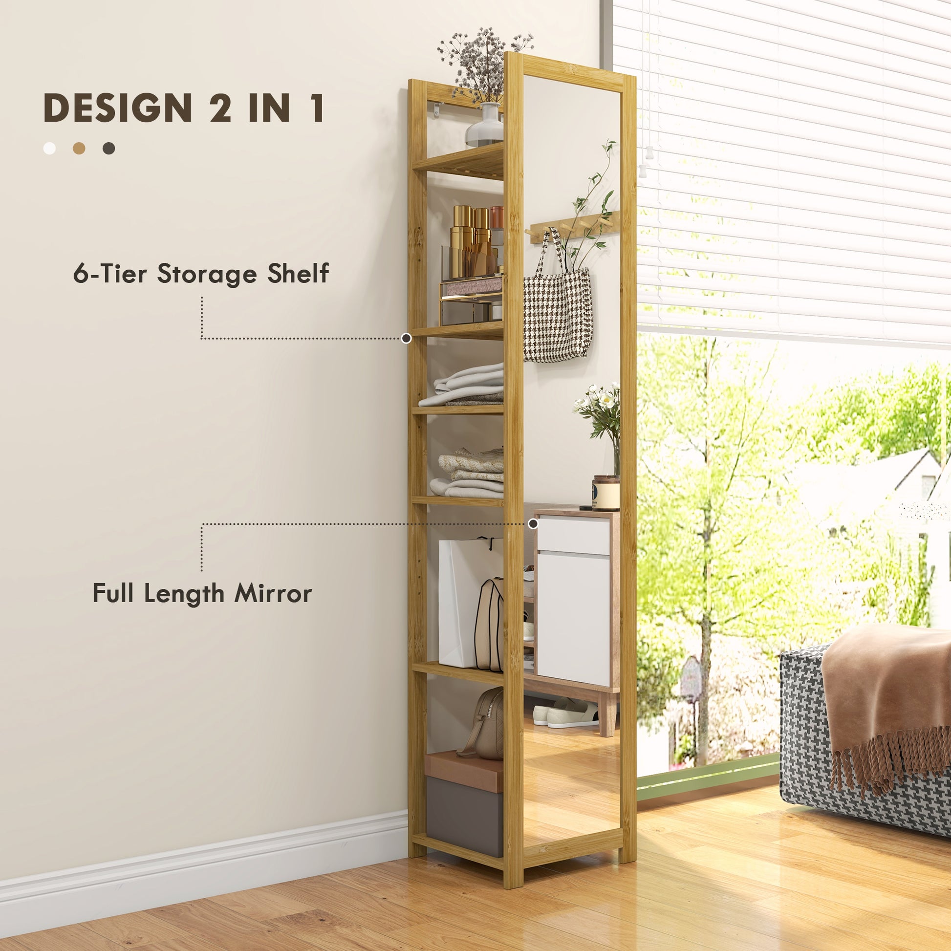 66" x 14" Standing Mirror with 6-Tier Shelf, Floor Mirror Full Body Mirror for Bathroom, Living Room, Nature Wood