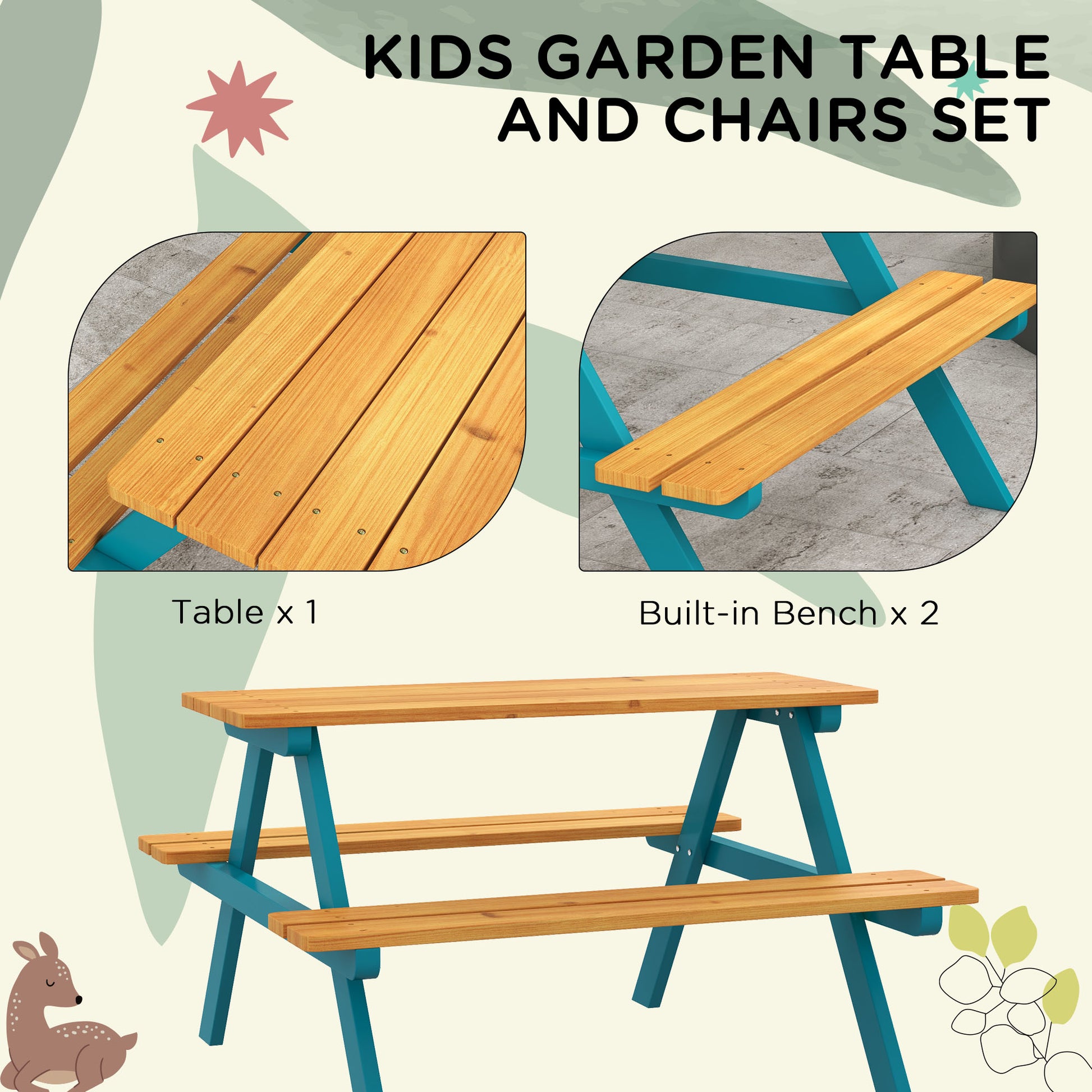 Kids Outdoor Table Set Wooden Toddler Picnic Table and Benches for 4 Kids 3-8 Years, Easy Installation, Natural Wood