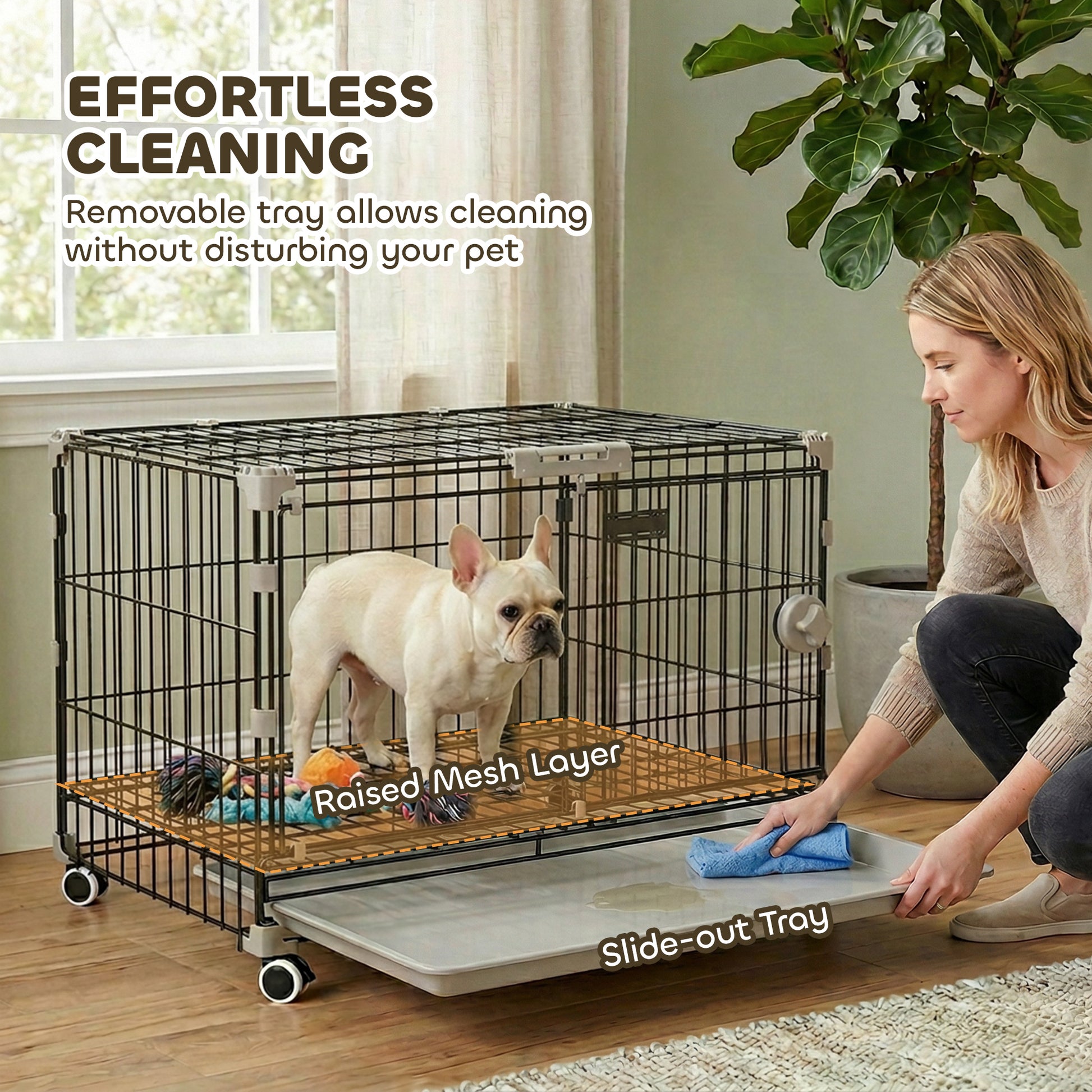 Dog Crate, 24 Inch Metal Dog Cage with Removable Tray, Lockable Wheels, 2 Doors for Small Medium Breeds, Black