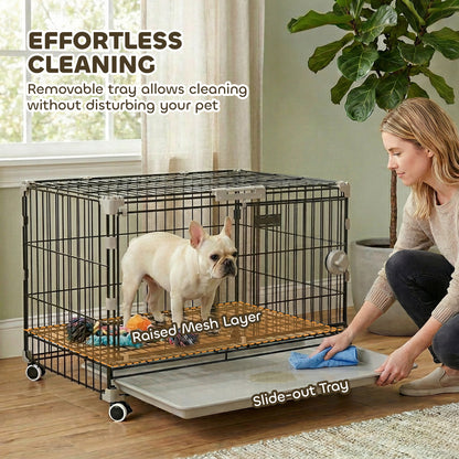 Dog Crate, 24 Inch Metal Dog Cage with Removable Tray, Lockable Wheels, 2 Doors for Small Medium Breeds, Black