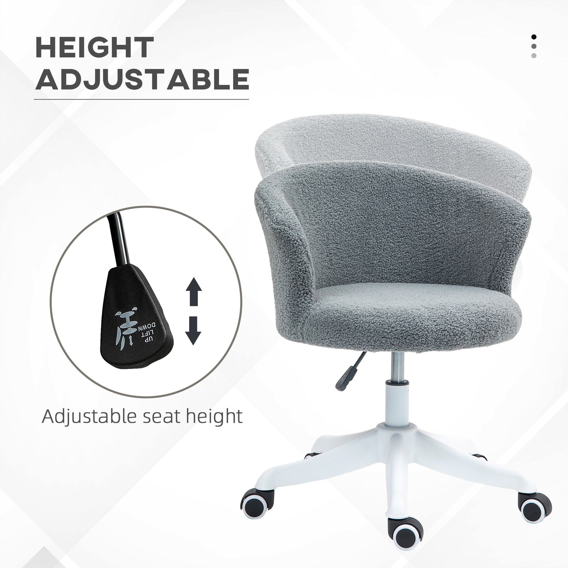 Armless Office Chair, Fluffy Computer Desk Chair with Adjustable Height, Swivel Wheels, Mid Back, Grey