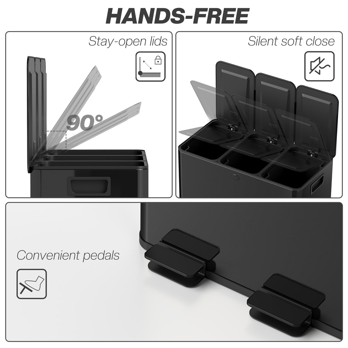 Triple Garbage Bin, Soft-Close Trash Can with Foot Pedal, 3 x 20 Liter Garbage Can with Removable Inner Buckets, Black