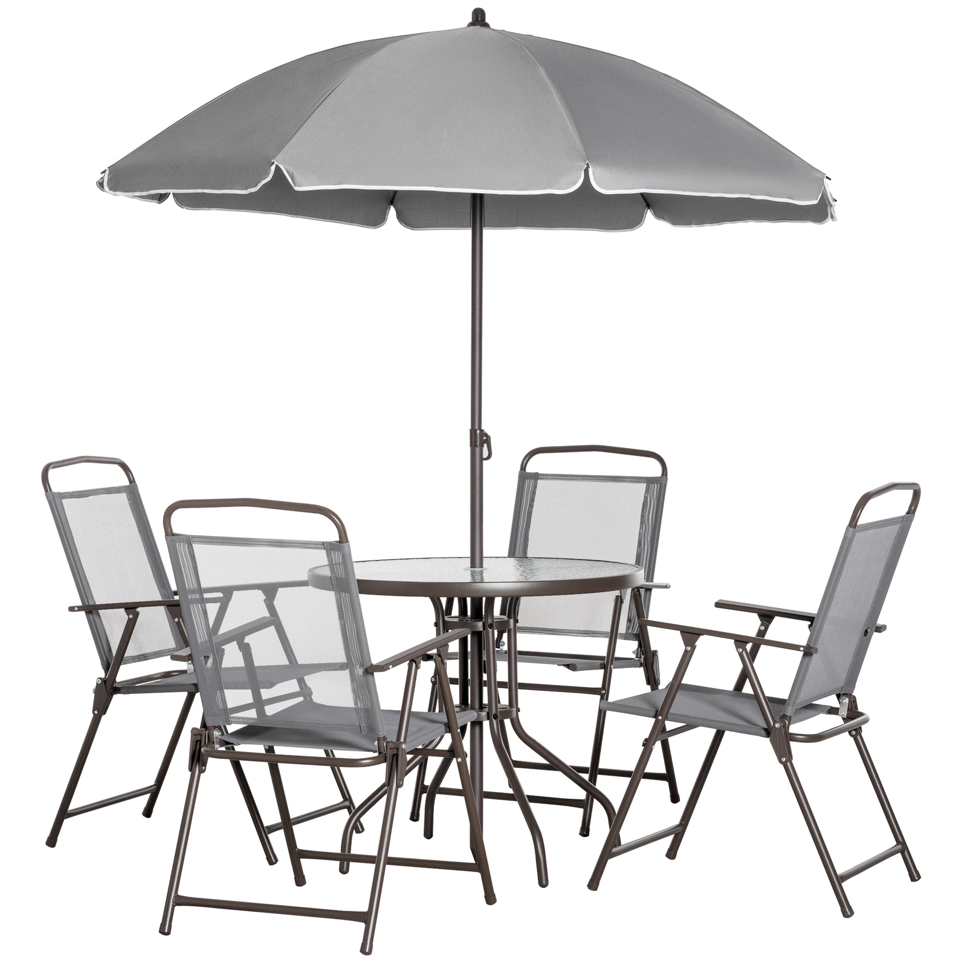 6 Pieces Outdoor Dining Set for 4 with Umbrella Patio Outdoor Furniture Set with Round Table 4 Folding Chairs Grey