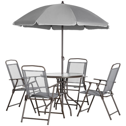 6 Pieces Outdoor Dining Set for 4 with Umbrella Patio Outdoor Furniture Set with Round Table 4 Folding Chairs Grey