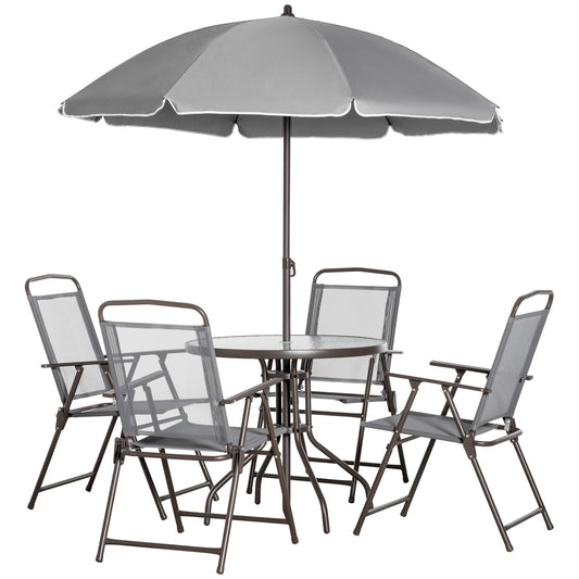 6 Pieces Outdoor Dining Set for 4 with Umbrella Patio Outdoor Furniture Set with Round Table 4 Folding Chairs Grey