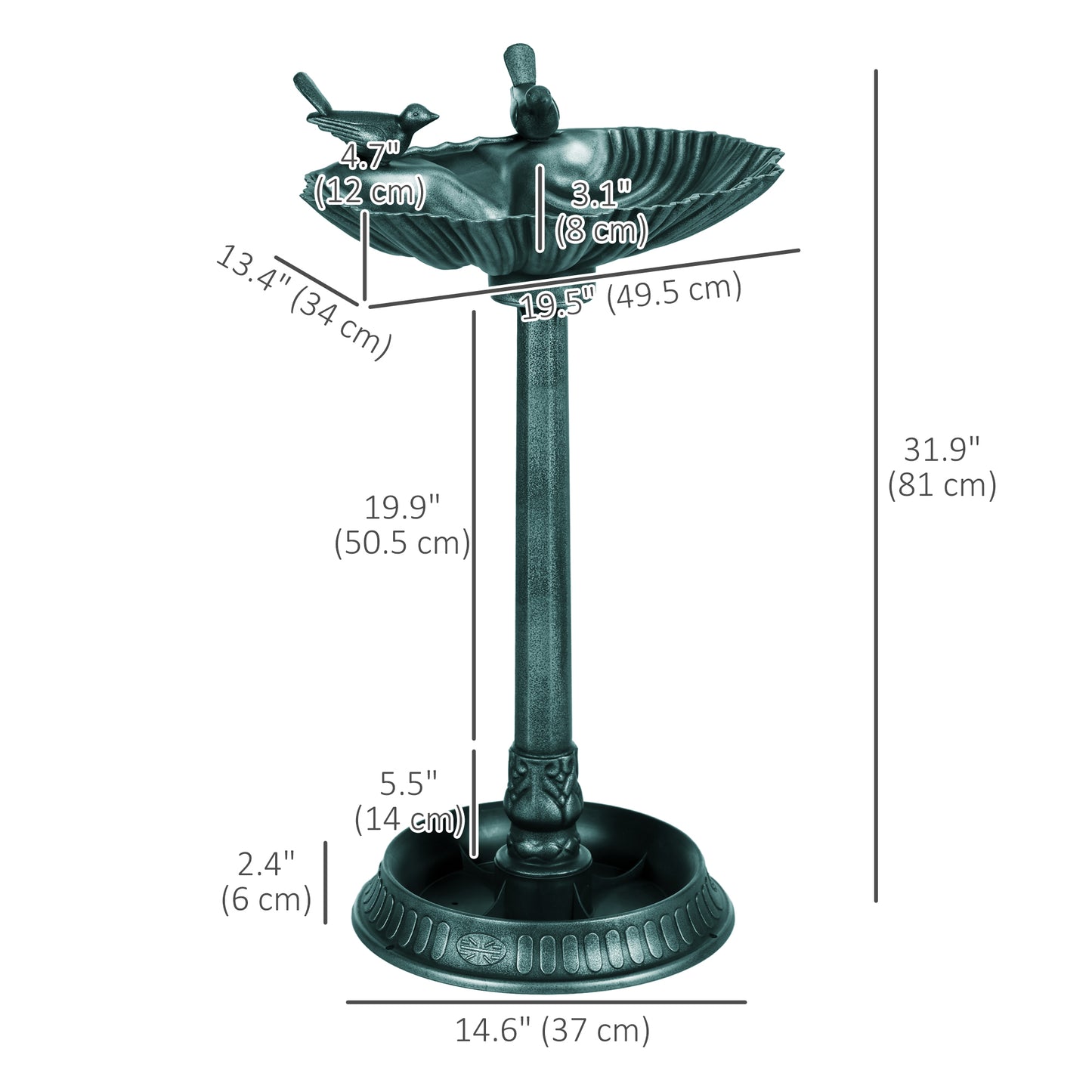 32" Bird Bath with Decorative Birds, Vintage Birdbath with Flower Planter Base for Garden, Bronze Green