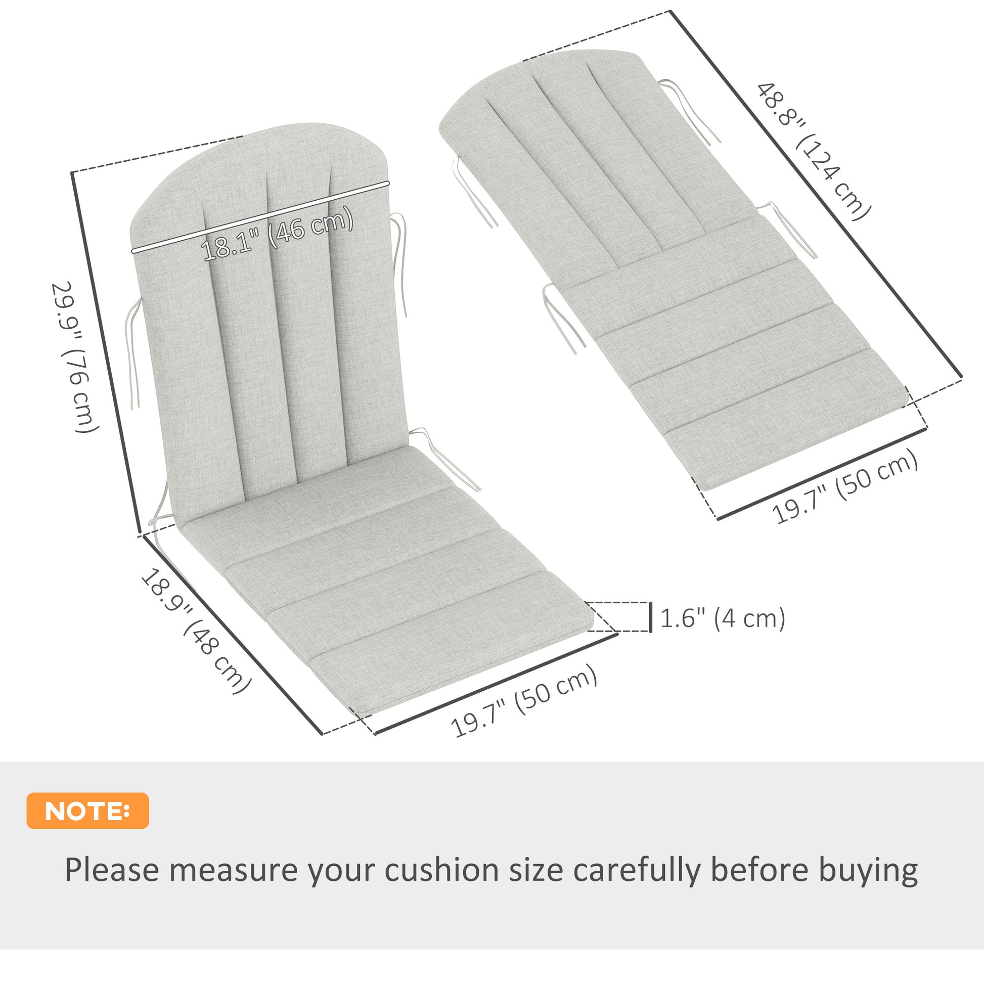 Set of 2 Patio Chair Cushions, High Back Adirondack Chair Cushion with Ties, High-Density Foam, Light Grey