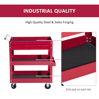 3-Tier Rolling Tool Cart with Drawer and Side Box, 132 LBS Capacity Steel Utility Cart, Mobile Service Tool Organizer for Garage, Warehouse, Workshop, Red