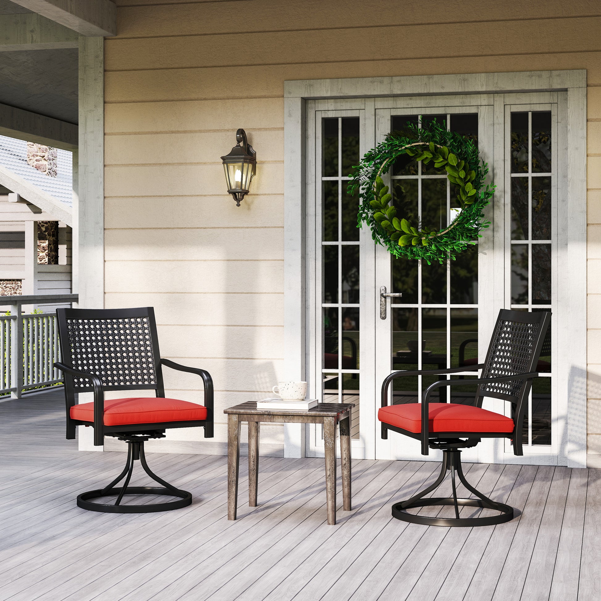 Patio Swivel Chairs with Cushion, Outdoor Swivel Rocker with Curved Armrests, Red