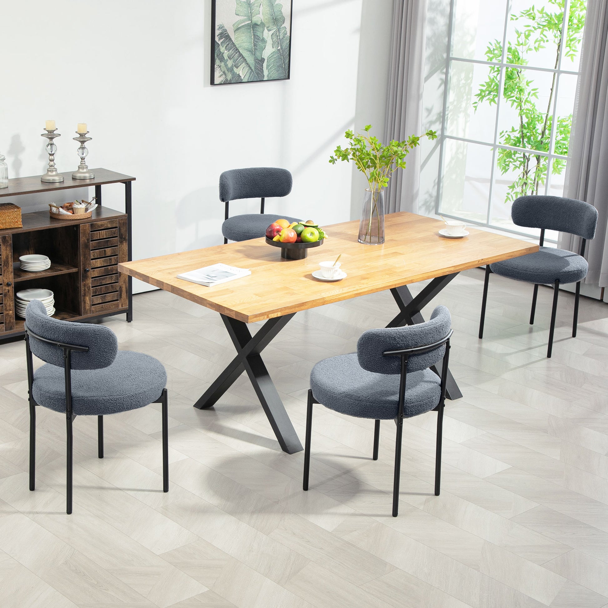 4 Pieces Kitchen Chairs, Modern Dining Chairs w/ Berber Fleece Upholstery and Steel Legs for Living Room, Grey