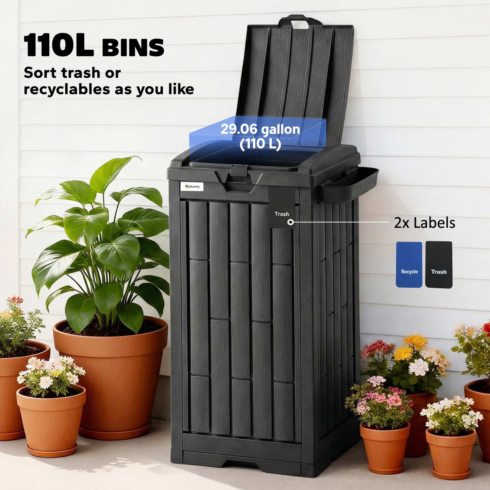 29 Gallon Outdoor Garbage Bin with Dual Lid, Plastic Outdoor Waste Trash Can with Side Holder and Drip Tray, Black