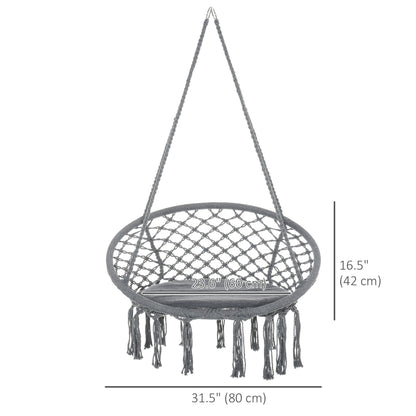 Patio Hammock Chair, Hanging Rope Hammock Swing for Indoor & Outdoor Use with Backrest, Cotton-Polyester Blend, Fringe Tassels, Dark Grey