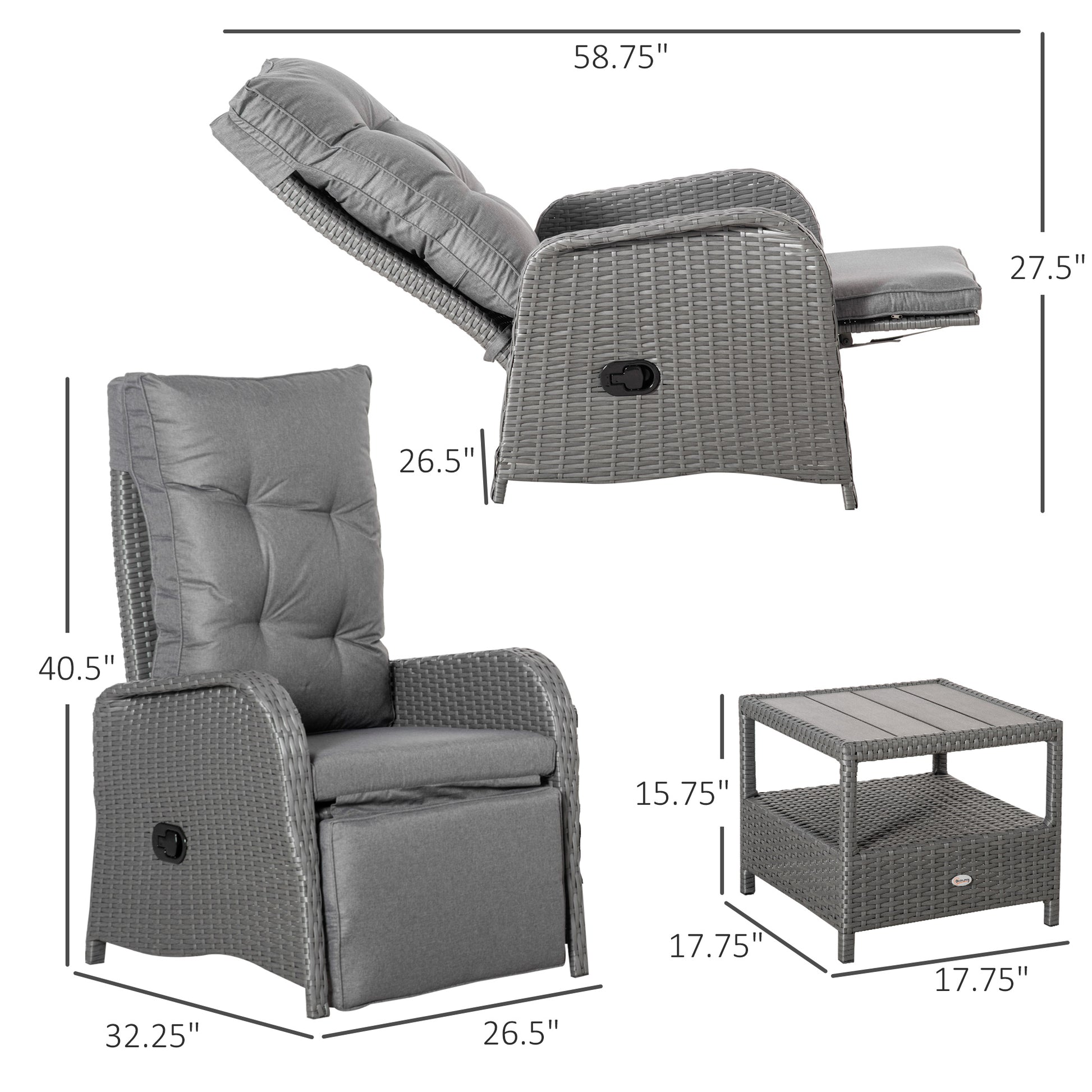 3 Pieces Patio Wicker Bistro Set, PE Rattan Coffee Table & Adjustable Recline Chairs Furniture Set with Cushions and Wood Grain Plastic Top, Grey