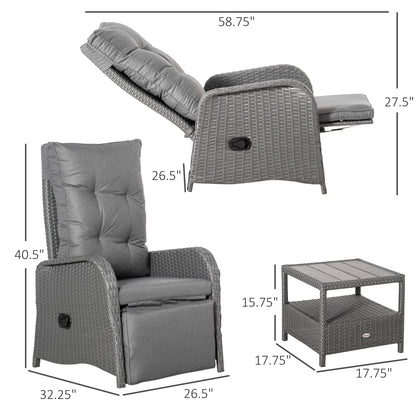 3 Pieces Patio Wicker Bistro Set, PE Rattan Coffee Table & Adjustable Recline Chairs Furniture Set with Cushions and Wood Grain Plastic Top, Grey