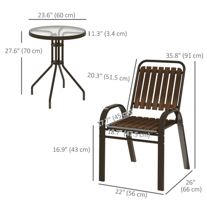 3 Pieces Patio Bistro Set, 2 Stackable Chairs with Tempered Glass Table, for Outdoor, Garden Backyard Porch, Dark Brown