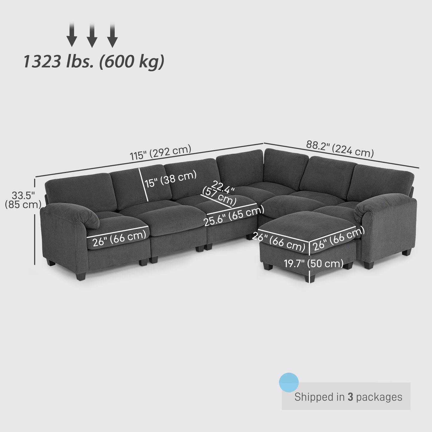 Modular Sectional Sofa, Oversized U-Shaped Couch with Spring Cushion, Corduroy Sofa for Living Room, Charcoal Grey