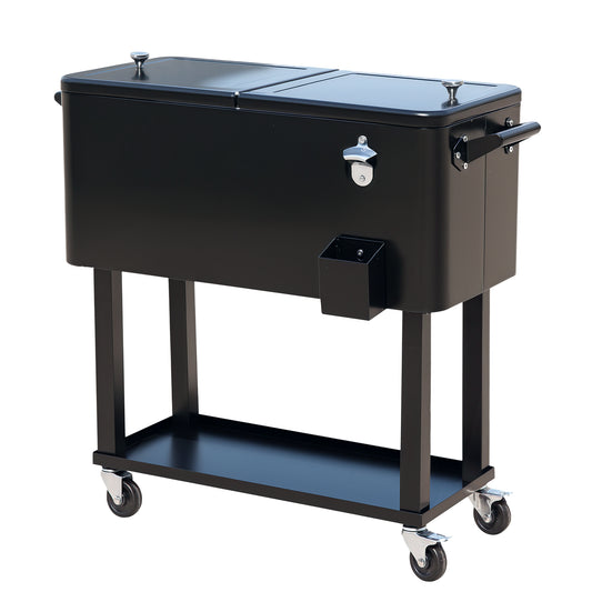 80 Quart Rolling Cooler Cart Portable Patio Ice Beer Beverage Cooling Bin for Outdoor Party w/ Bottle Opener & Storage Shelf Black
