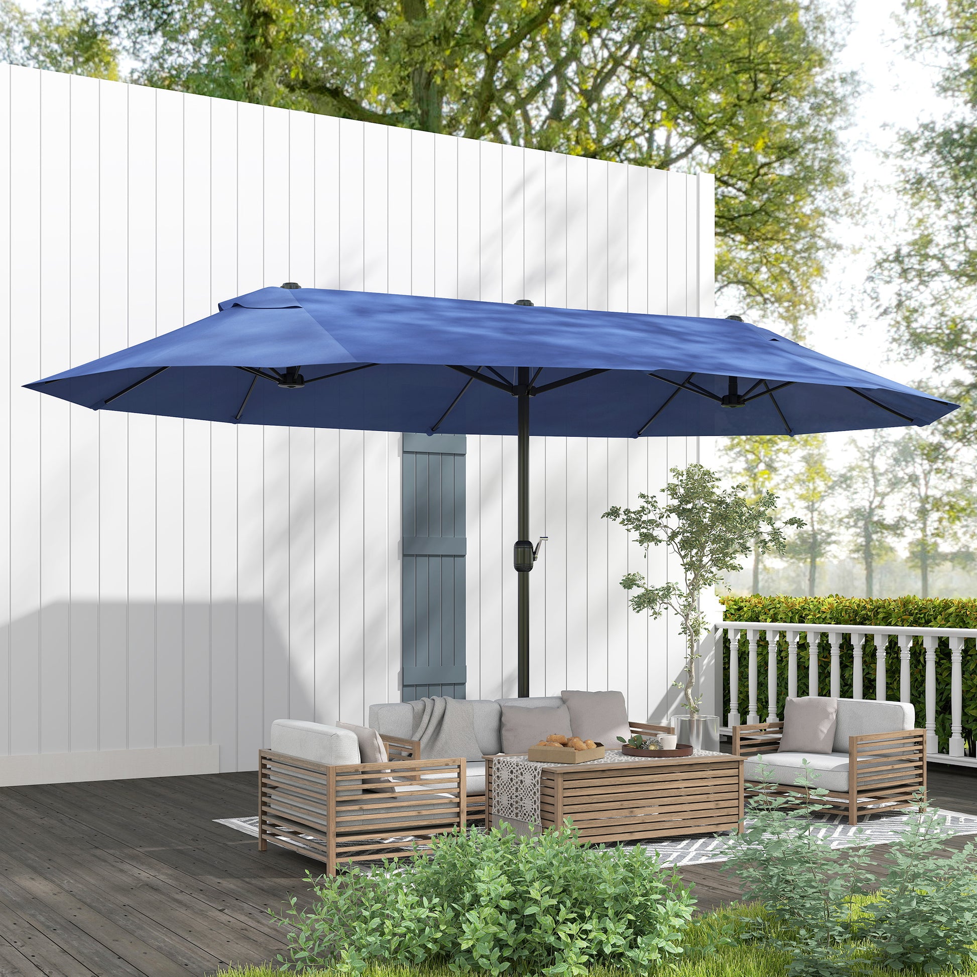 15ft Double-sided Patio Umbrella with Twin Canopy, Extra Large Outdoor Parasol with Crank for Pool, Deck, Market, Blue