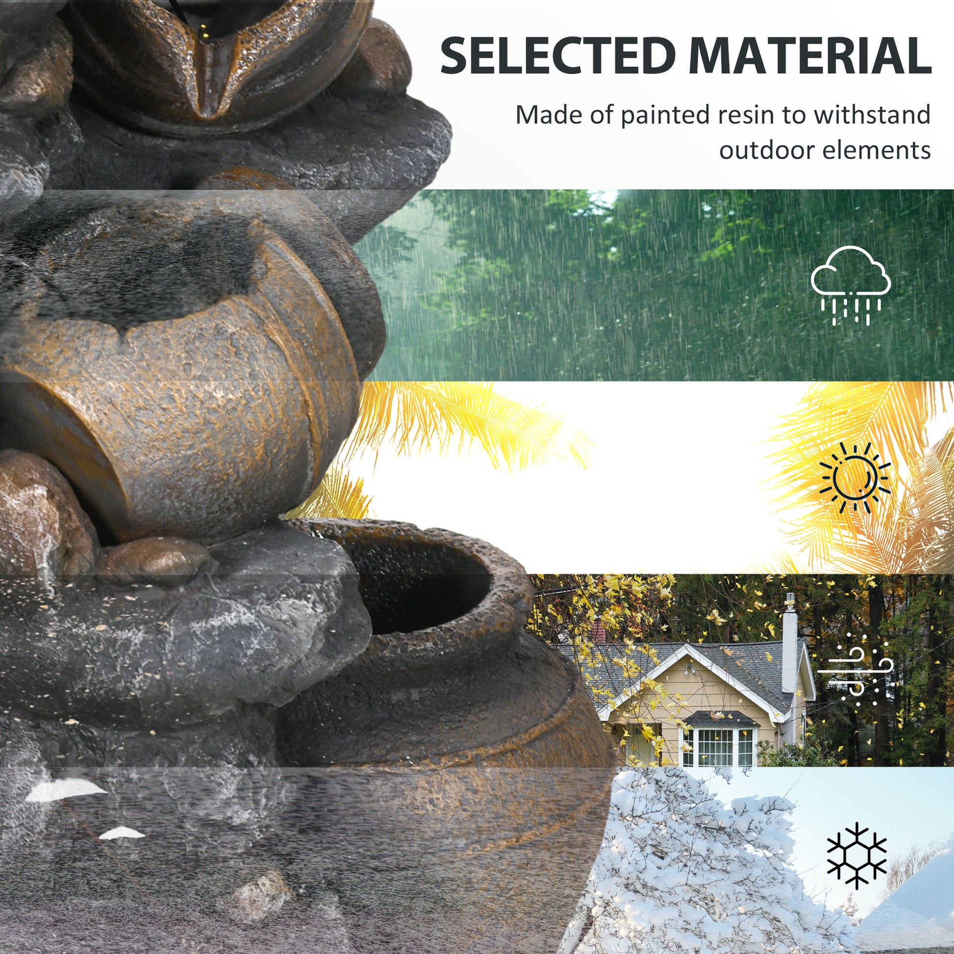 28.3" Solar Water Fountain, 4-Tier Resin Cascading Jars and Stacked Stones Outdoor Waterfall Fountain with LED Lights