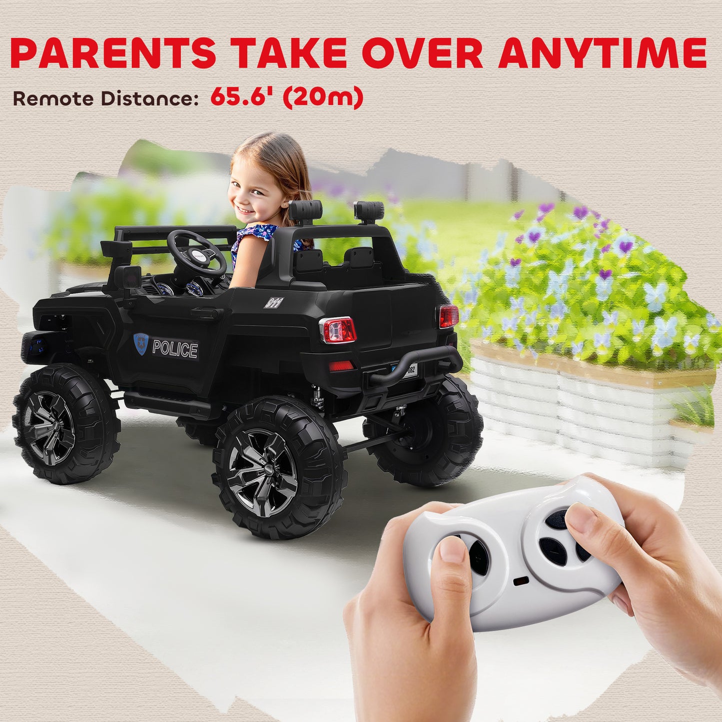 Aosom 2 Seater Ride-On Car with Parental Remote Control, LED Lights, MP3 for Kids Ages 3-8, Black