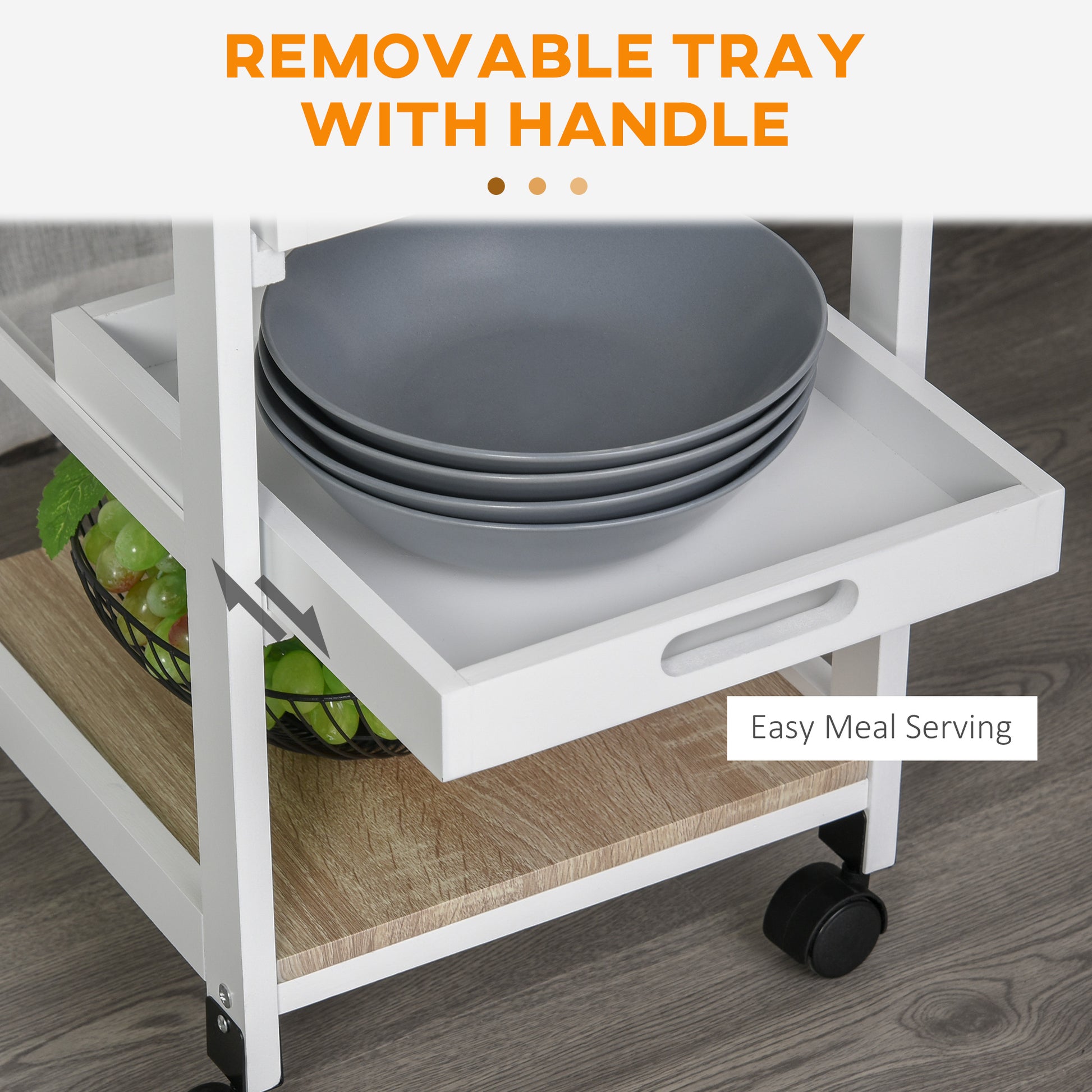 Rolling Kitchen Island Cart, Mobile Utility Storage Cart with Drawer, Wire Storage Basket, Removable Tray, White
