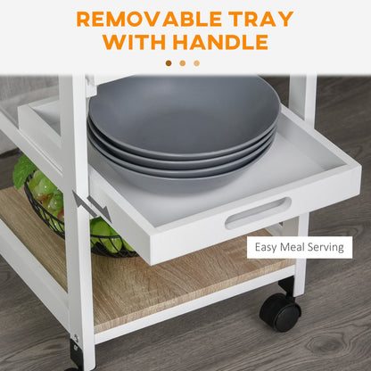 Rolling Kitchen Island Cart, Mobile Utility Storage Cart with Drawer, Wire Storage Basket, Removable Tray, White
