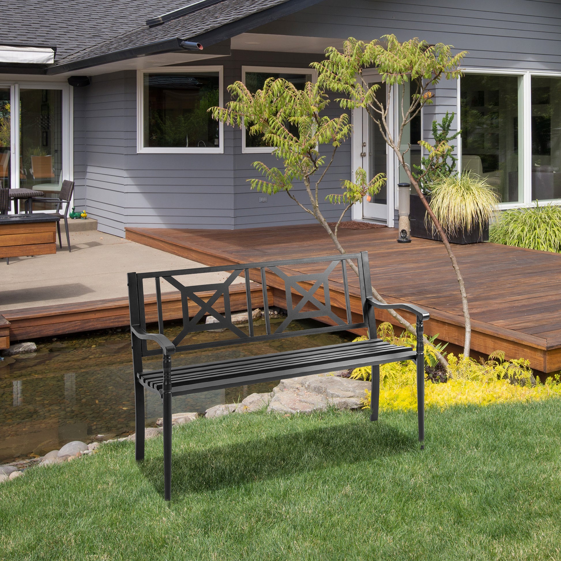 Steel Garden Bench for Outdoor, 2-person Patio Bench, Loveseat Furniture for Lawn, Deck, Yard, Porch, Entryway, Black