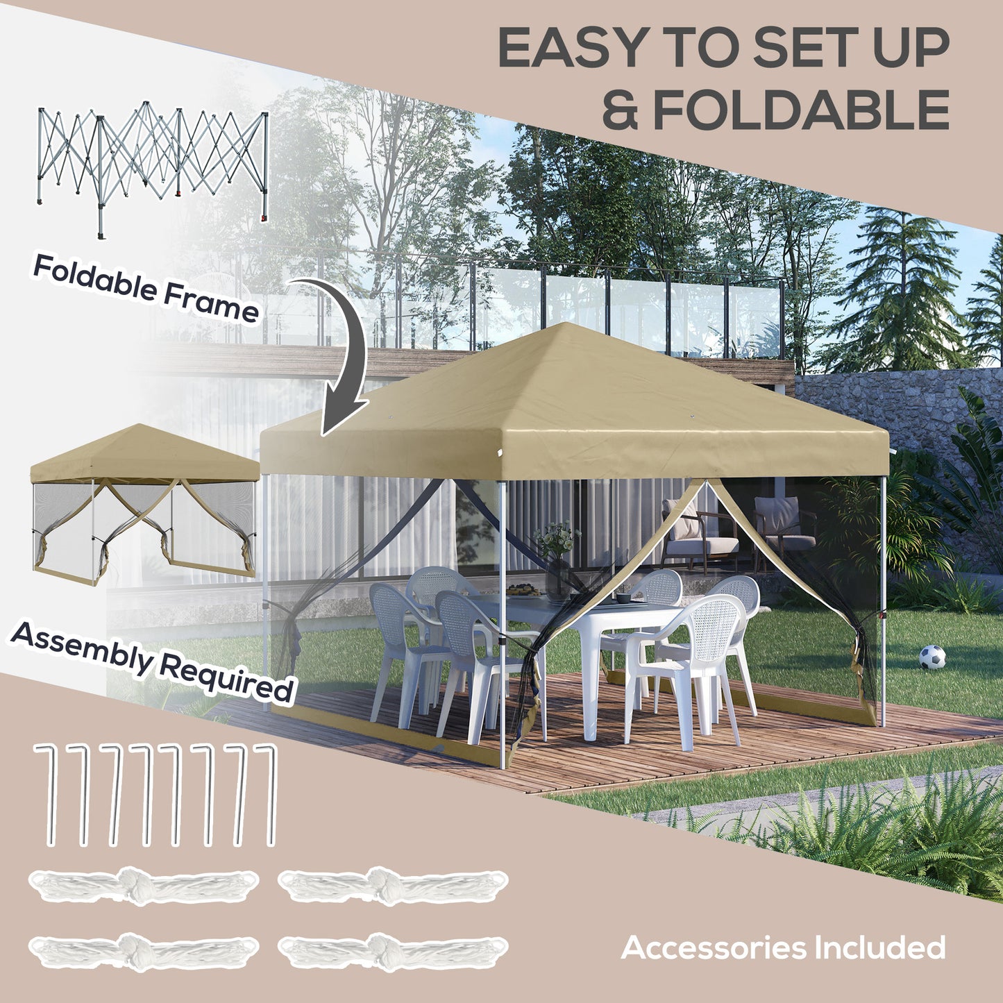 10' x 10' Pop-Up Party Tent UPF50+ Outdoor Canopy Tent with Mesh Sidewalls, 3-Level Adjustable Height, Roller Bag, Khaki