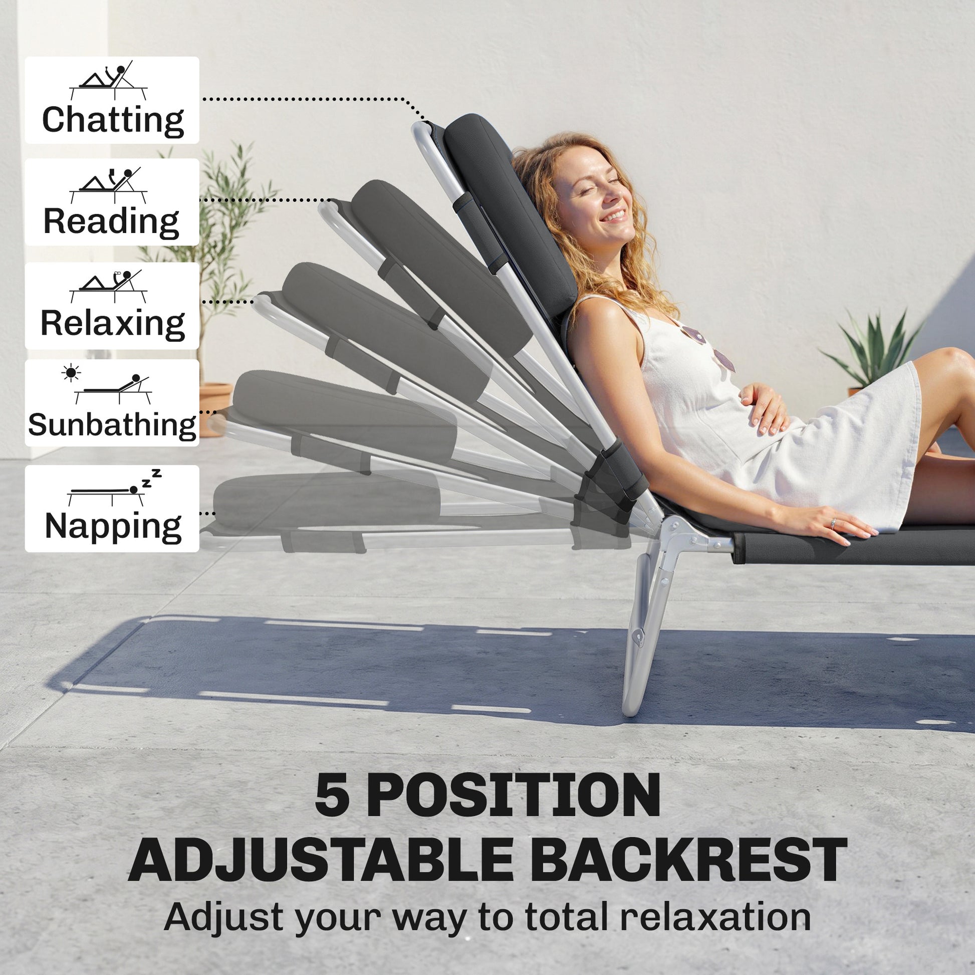 Folding Lounge Chair Outdoor, Tanning Chair with Face Hole Arm Slots, Beach Chaise Lounger with Pillow, 5-Position Adjustable Portable Sun Lounger Bed for Pool, Black