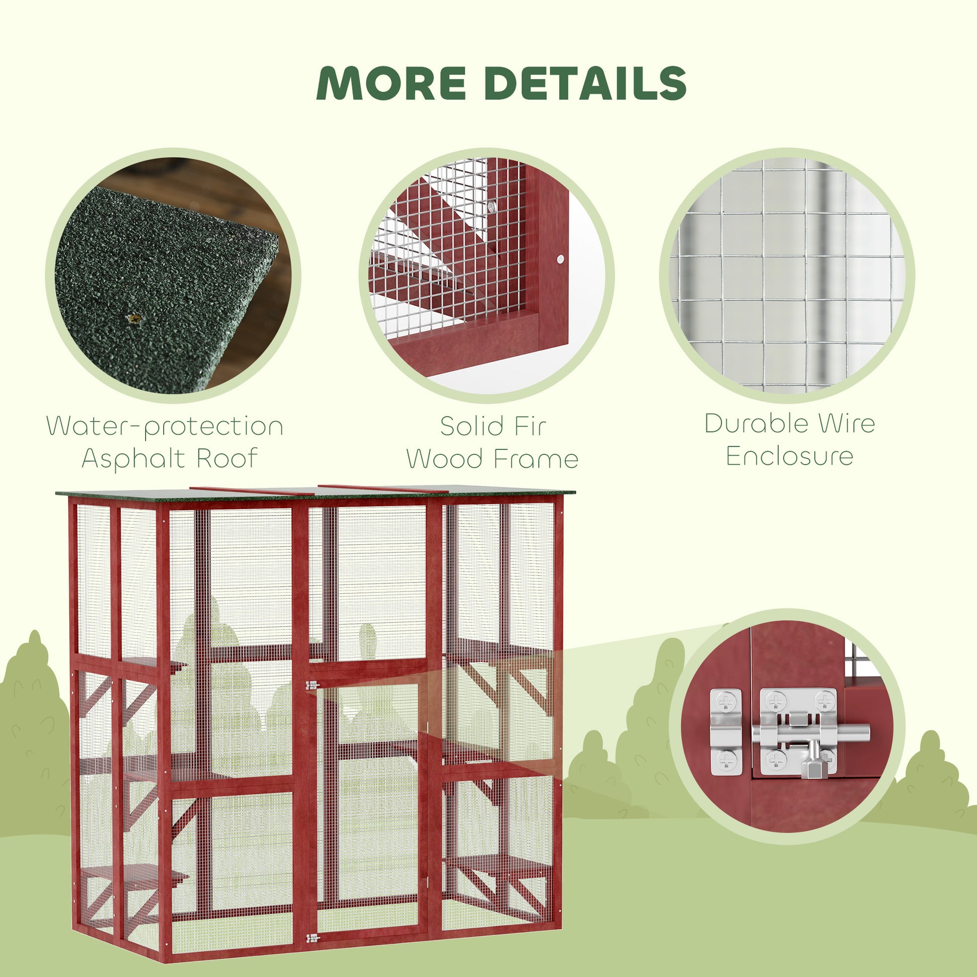 71" x 39" x 71" Cat Cage, Large Outdoor Wooden Cat Patio with 6 Balanced Platforms and Asphalt Roof, Wine Red